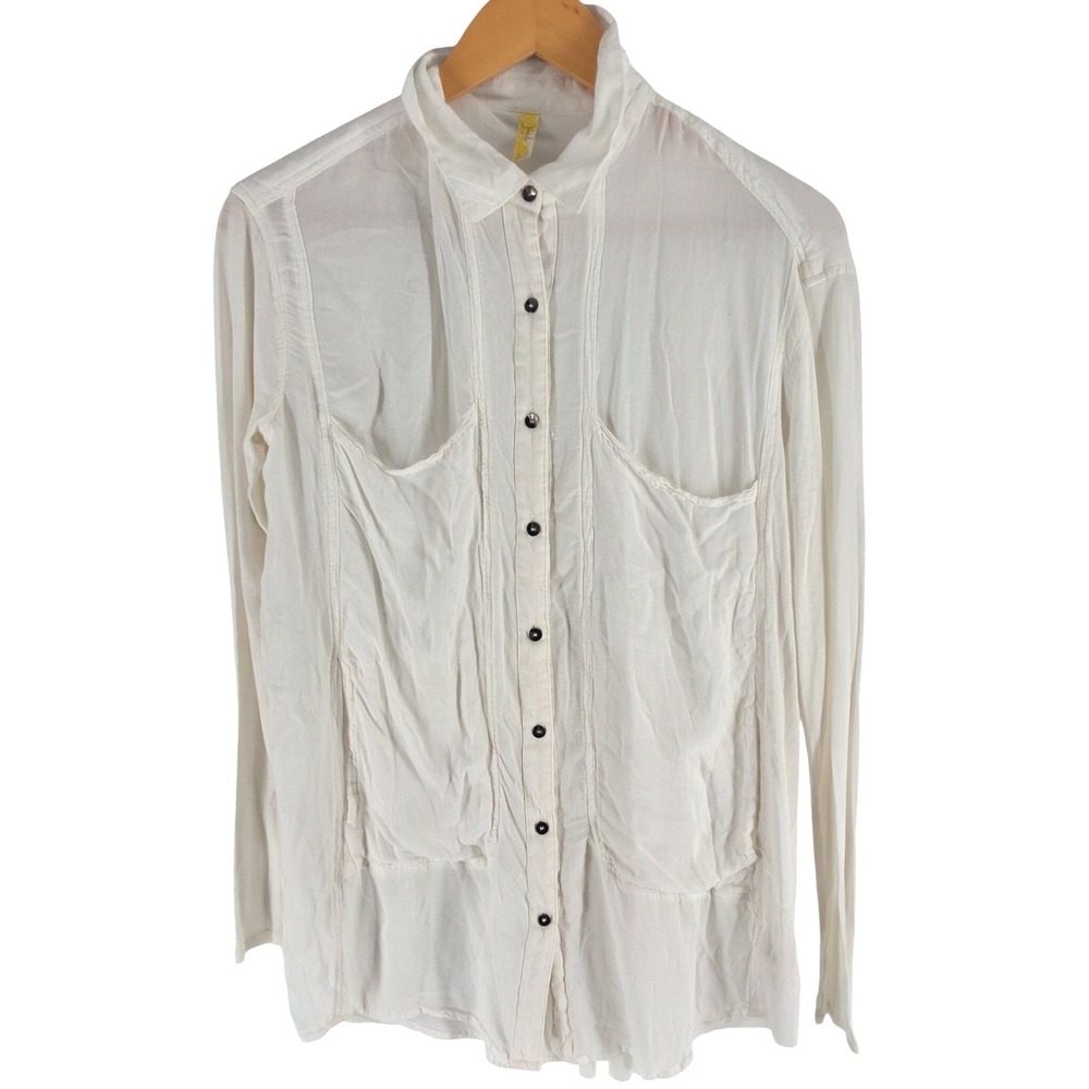 Free People‎ White Rayon Button Down Boho Shirt Long Sleeve Oversized Pockets M